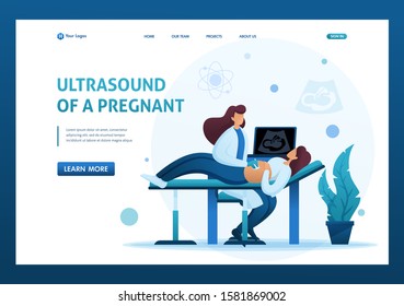 Doctor makes an ultrasound of a pregnant woman, examining the fetus in utero. Flat 2D character. Landing page concepts and web design.