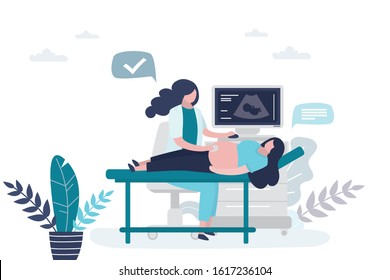 The doctor makes an ultrasound to a pregnant woman. Clinical examination, prenatal health care concept. Female characters in trendy style. Vector illustration