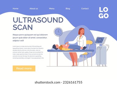 Doctor makes ultrasound of small patient. Children's health care. Medical office interior. Vector characters flat cartoon illustration. Website, template, landing.