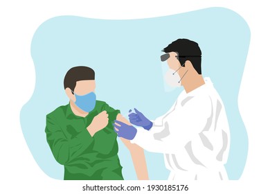 Doctor Makes Vaccination To Male Patient. Injecting Vaccine, Treatment Of Coronavirus Vector Illustration.