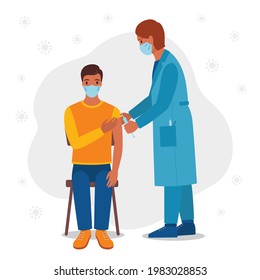 Doctor makes a vaccine to a man conceptual illustration in flat style. Vector file.
