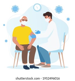 A doctor making a coronavirus vaccine to an elderly man, for immunity health. Stop pandemic Covid-19. Flat vector illustration, isolated on white background