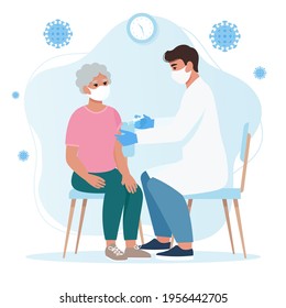 A doctor making a coronavirus vaccine to an elderly woman, for immunity health. Stop pandemic Covid-19. Flat vector illustration, isolated on white background