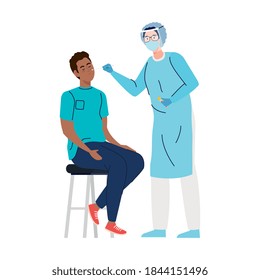 doctor making covid 19 virus test to a man on chair design of 2019 ncov cov and coronavirus theme Vector illustration