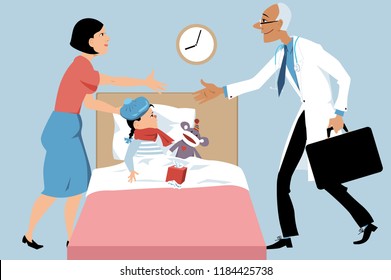 Doctor making a house call to a sick child, a mother greeting him, EPS 8 vector illustration