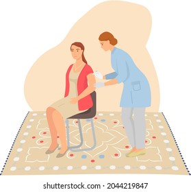 Doctor making injection to female patient. Clinic or hospital cartoon interior room with carpet. Innovative medicine testing or disease treatment. Vaccination. Vector medicine healthcare illustration