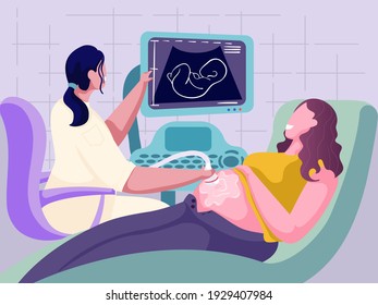 Doctor making scan pregnant woman with ultrasound machine in hospital. Ultrasound exam. Gynecologist doing belly sonography. Baby health check. Cartoon style vector.