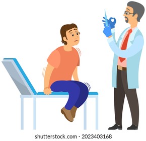 Doctor making treatment with vaccine to produce immunity against disease, young man afraid of inoculation campaign. Male character suffering from fear of injection. Fear of syringes, phobia, horror