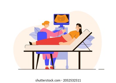 Doctor making an ultrasound to a pregnant woman. Pregnancy and motherhood concept. Modern flat vector illustration