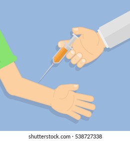 Doctor making vaccination. Hand with syringe. Concept of healthcare, medical treatment.