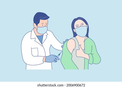 Médico que realiza la inyección de la vacuna a la mujer para la protección del virus COVID-19 aislado en el fondo, Vector de ilustración plano.