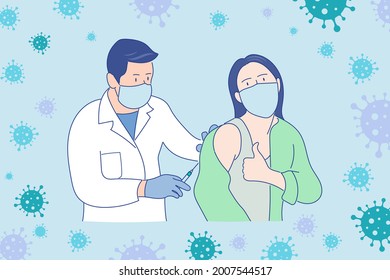 Médico que realiza la inyección de la vacuna a la mujer para la protección del virus COVID-19 aislado en el fondo, Vector de ilustración plano.