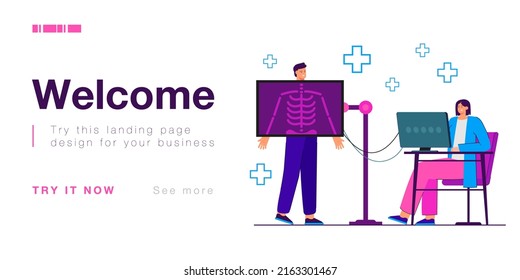 Doctor haciendo radiografía de paciente en la sala de radiología para confirmar el diagnóstico. Funcionario médico que examina a un hombre en una clínica de ilustración vectorial plana. Diagnóstico, atención de la salud, concepto de medicina