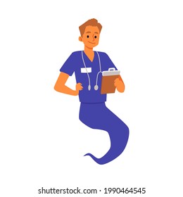 Doctor male character looks like genie, flat vector illustration isolated on white background. Professional medical worker in look of genie ready to provide service.