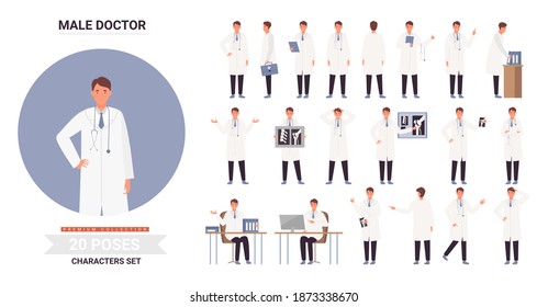 Doctor male character poses infographic vector illustration set. Cartoon man doctor sitting and thinking, standing, holding patient xray image, working postures of hospital worker isolated on white