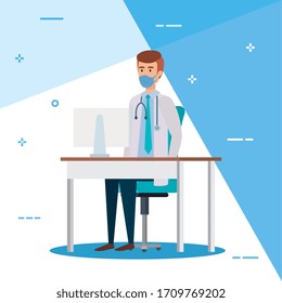 doctor male with face mask in desk vector illustration design
