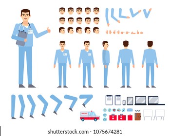 Doctor, male nurse creation kit. Create your own pose, action, animation. Various emotions, gestures, design elements. Flat design vector illustration