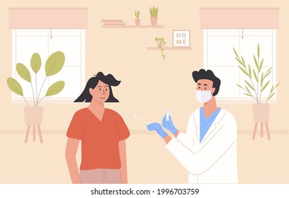 A doctor or male nurse wearing face mask and latex gloves taking nasal PCR swab test from woman patient at her home. Covid-19 PCR diagnostic procedure. Vector Illustration in flat style.