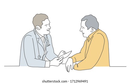 Doctor with male patient. Hand drawn vector illustration.