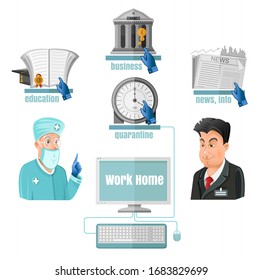 Doctor and man beside with computer join with  bank, news, education and clock. Work home. Make payments and other deals with help of internet