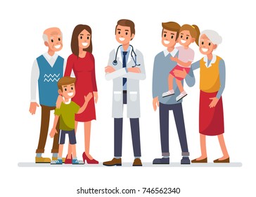 Doctor man with big family. Flat style vector illustration isolated on white background.