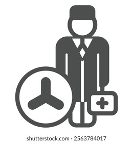 Doctor man with briefcase solid icon, clinical research concept. Vector graphics. Laboratory test scientist person sign on white background, glyph style icon for mobile or web design