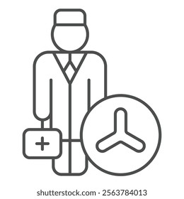 Doctor man with briefcase thin line icon, clinical research concept. Vector graphics. Laboratory test scientist person sign on white background, outline style icon for mobile or web design