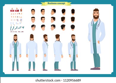 Doctor man character constructor for animation. Set of various men's poses, faces, mouth, hands, legs. Flat style vector illustration isolated on white background. male dentist