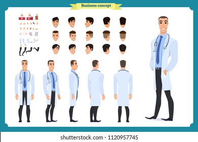 Doctor man character constructor for animation. Set of various men's poses, faces, mouth, hands, legs. Flat style vector illustration isolated on white background. male dentist