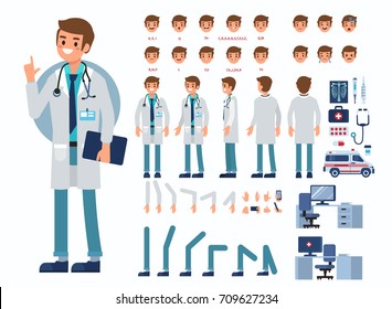 
Doctor man character constructor and medical objects for animation.  Set of various men's poses, faces, mouth, hands, legs. Flat style vector illustration isolated on white background.