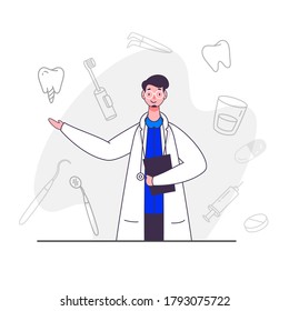 Doctor Man Character with Line Art Dental Icons on White Background.