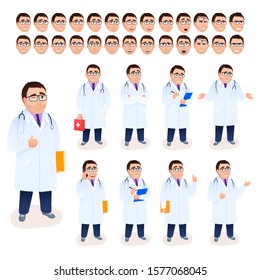 Doctor man character set on white background. Male physician in uniform. Various views face emotions, poses gestures facial expressions. Cartoon style, flat design people. Medicine vector illustration