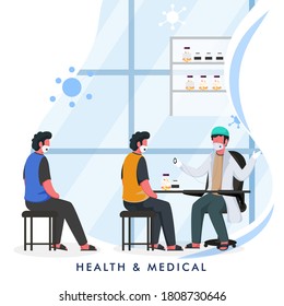 Doctor Man Checking Patient from Stethoscope with Wear Medical Masks at Clinic. Health & Medical Concept Based Poster Design.