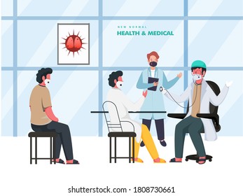 Ärztlicher Mann, der die Patienten aus dem Stethoskop kontrolliert und an der Klinik oder im Krankenhaus medizinische Masken trägt, um Coronavirus zu vermeiden. Neues Normal Health & Medical Konzept.