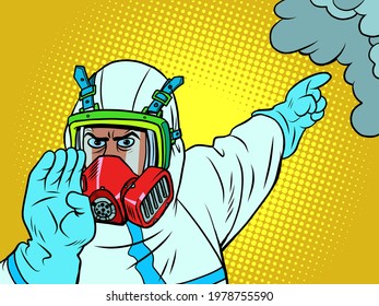 doctor man in coronavirus protective suit, alarming information