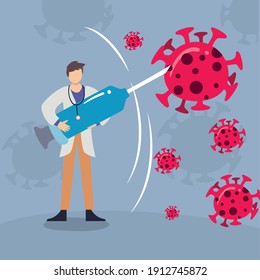 Doctor Man With Covid 19 Virus Vaccine Injection Design Of 2019 Ncov Cov And Coronavirus Theme Vector Illustration