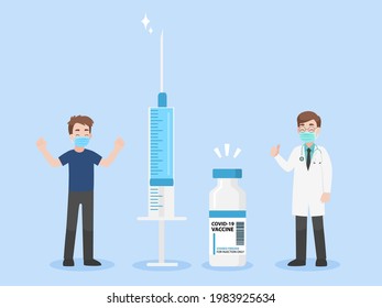 Doctor and man with Covid-19 vaccine bottle Vaccine injection with a medical syringe for Treatment of Coronavirus. Healthcare and Medical concept.