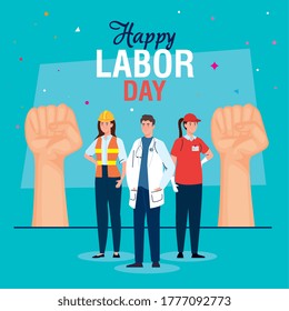 doctor man delivery and builder woman with fists design, Labor day holiday and patriotic theme Vector illustration