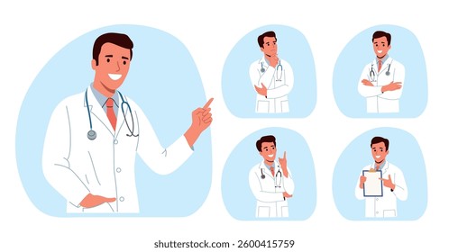 Doctor man..Set Different poses.Vector flat style cartoon illustration