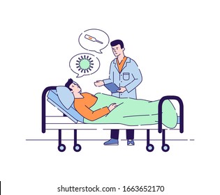 Doctor man discussing with male patient flat vector illustration. Hospitalization patient. Sick person is in a medical bed. Isolated cartoon characters on a white background.