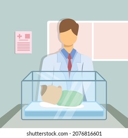 Doctor man examining little newborn baby inside medical intensive care unit incubator box. Child care clinic. Visual colorful illustration