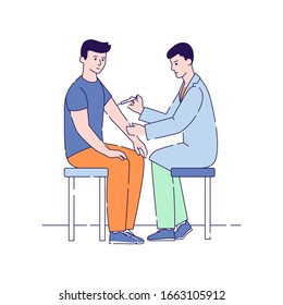 Doctor man giving free flu vaccination shot to hand male patient. flat vector illustration. Treatment, prevention and immunization. Isolated cartoon characters on a white background.