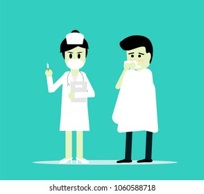Doctor and man having a cold,Man sick of the flu