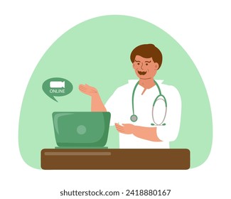 Doctor man having an online consultation with a patient. The doctor gives recommendations to the patient via video link, medical assistance, modern technologies. Vector color illustration.