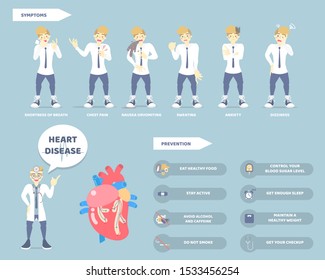 Doctor And Man With Heart Failure, Attack Disease, Symptoms And Prevention, Medical Internal Organs Anatomy, Health Care, World Heart Day Concept, Flat Vector Illustration Cartoon Design Infographic