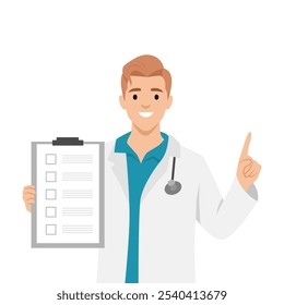 Doctor hombre con lista de verificación. Ilustración vectorial plana aislada sobre fondo blanco