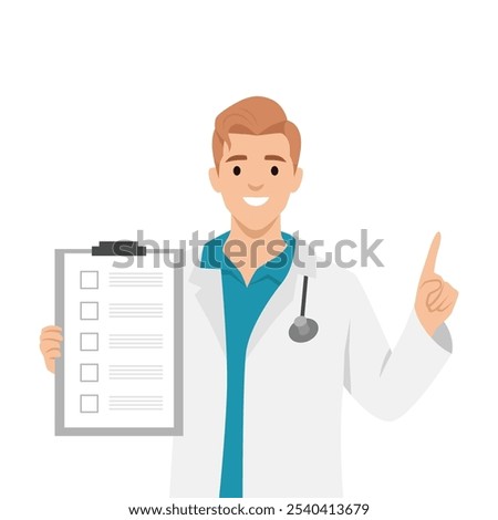 Doctor man holding checklist. Flat vector illustration isolated on white background