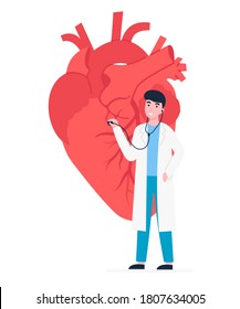 Doctor Man Listening To Big Realistic Heart With A Stethoscope. Flat Vector Cartoon Illustration. 