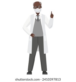 Doctor man with mask pointing finger. Hospital clinical worker in white coat cartoon vector illustration
