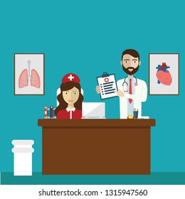 Doctor man and medical staff women in reception hospital. Consultation and medical diagnosis for illness peop - Vector illustration